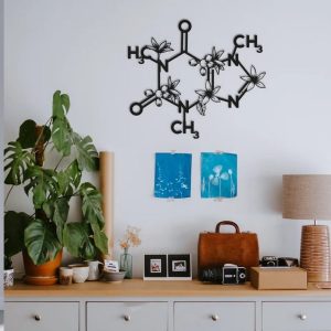 Caffeine Molecule Wall Art with Flowers Cut Metal Sign 3