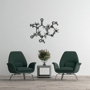 Caffeine Molecule Wall Art with Flowers Cut Metal Sign