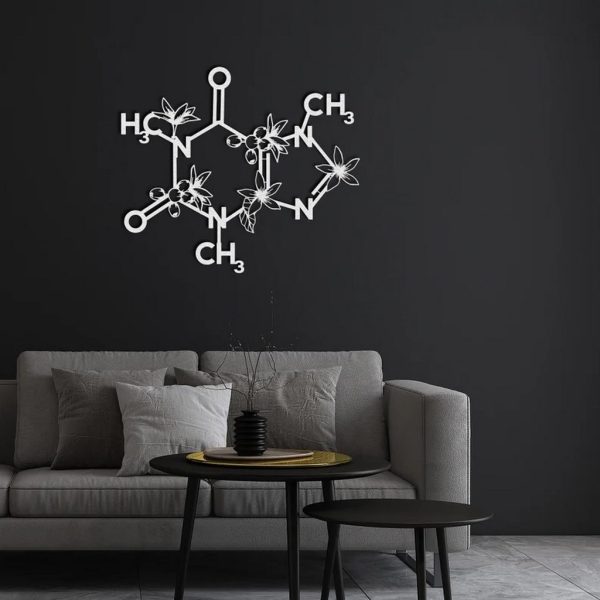 Caffeine Molecule Wall Art with Flowers Cut Metal Sign