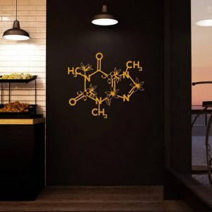 Caffeine Molecule Wall Art with Flowers Cut Metal Sign