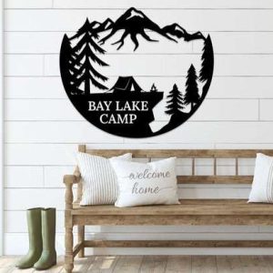 Camping in Forest Mountain Scenery Tent and Camfire Custom Metal Sign 3