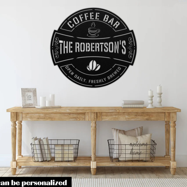 Coffee Bar Station Personalized Round Metal Sign Custom Last Name Sign