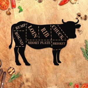 Cow Butcher Diagram Metal Wall Art Cuts of Beef Meat Sign for Butcher Shop Decor and Kitchen Beef Cuts Chart Metal for Door Hanger and Wall Art Sign