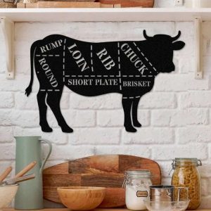 Cow Butcher Diagram Metal Wall Art Cuts of Beef Meat Sign for Butcher Shop Decor and Kitchen Beef Cuts Chart Metal for Door Hanger and Wall Art Sign 2