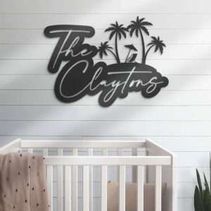 Custom Beach Scene Name Sign Palm Tree Metal Wall Art Home Outdoor Decor Sign For Pool, Patio, Tiki Bar Housewarming Gift