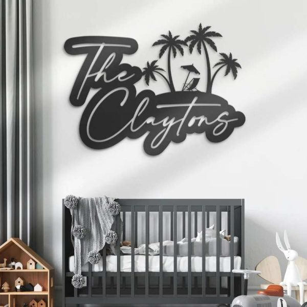 Custom Beach Scene Name Sign Palm Tree Metal Wall Art Home Outdoor Decor Sign For Pool, Patio, Tiki Bar Housewarming Gift