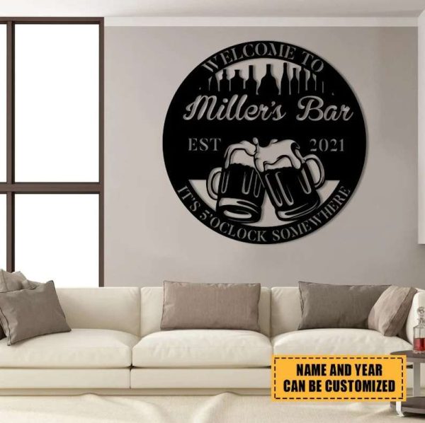 Custom Beer Bar Metal Sign Backyard Patio Home Decor It’s 5 Oclock Somewhere Beer Mug Cheers Name and EST Sign Bar Pub Decor
