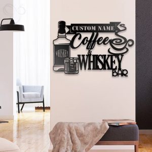 Custom Coffee Whiskey Bar Metal Wall Art Personalized Bourbon Caffeine Lover Name Sign Decoration For Dad For Husband 1