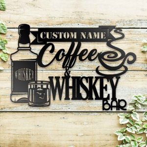 Custom Coffee Whiskey Bar Metal Wall Art Personalized Bourbon Caffeine Lover Name Sign Decoration For Dad For Husband 2