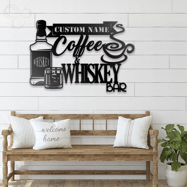 Custom Coffee Whiskey Bar Metal Wall Art Personalized Bourbon Caffeine Lover Name Sign Decoration For Dad For Husband