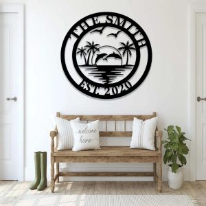 Custom Couple Dolphin Metal Sign Palm Tree Sunset Wall Art 2