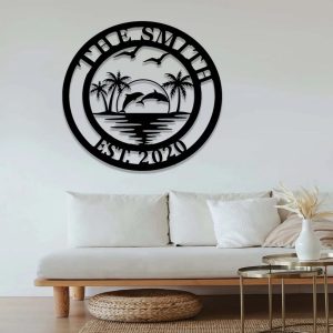 Custom Couple Dolphin Metal Sign Palm Tree Sunset Wall Art 3