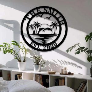Custom Couple Dolphin Metal Sign Palm Tree Sunset Wall Art 4