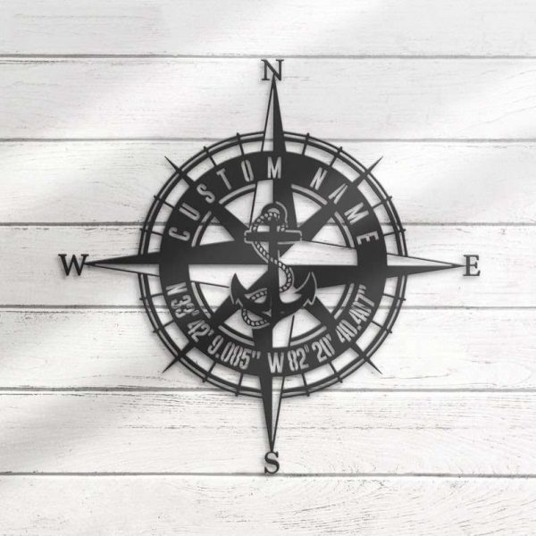 Custom GPS Anchor Compass Metal Sign Coordinates Sign Nautical Decoration Housewarming Birthday Gift