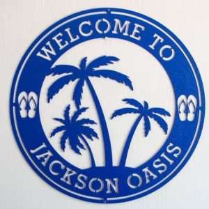 Custom Poolside Oasis Sign Metal Welcome Sign Tropical Patio Decor Palm Trees Sign For Pool, Backyard