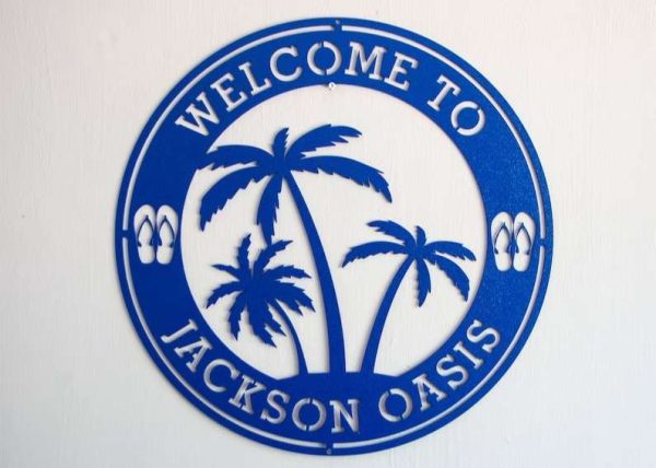 Custom Poolside Oasis Sign Metal Welcome Sign Tropical Patio Decor Palm Trees Sign For Pool, Backyard