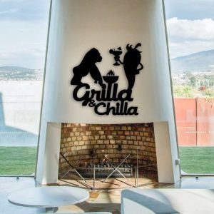 Grilla and Chilla Funny BBQ Bar and Grill Metal Sign Patio Garden Backyard Fire Pit BBQ Smoker Gifts1