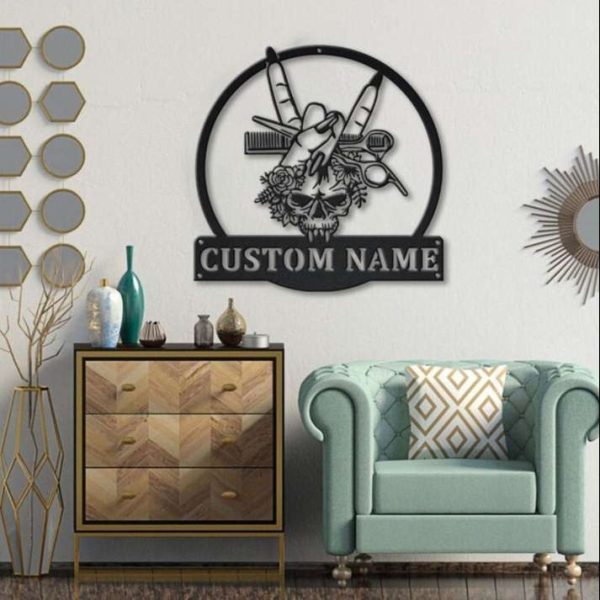 Hair Salon Skull Flower Rock and Roll Beauty Salon Business Custom Metal Sign