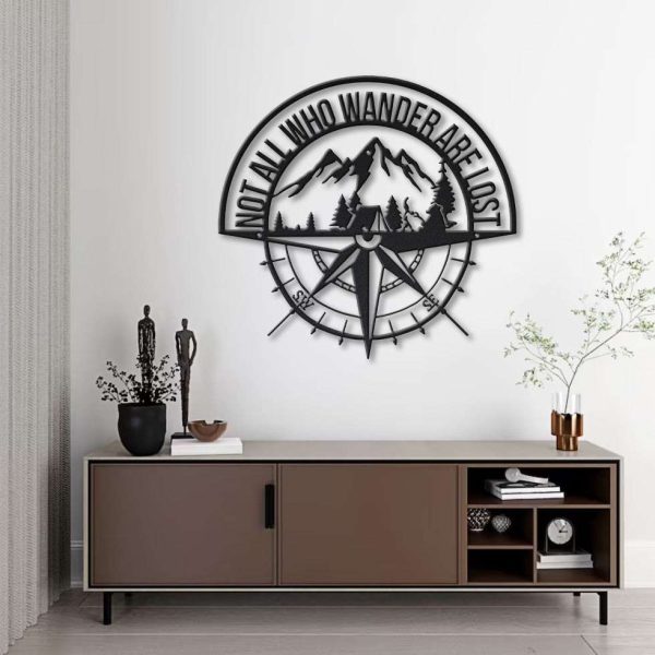 Not All Who Wander Are Lost Camping Compass Metal Wall Decor Mountain Scenery Home Living Decor Custom Metal Sign