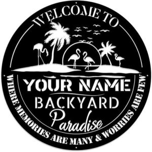 Personalized Backyard Sign Outdoor Decor Metal Sign For Backyard Patio Garden Flamingo Palm Trees Sign Housewarming Gifts