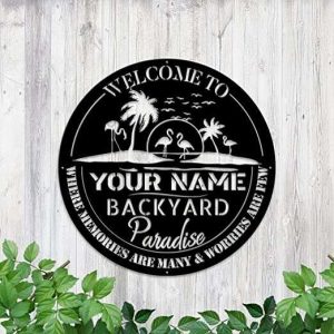 Personalized Backyard Sign Outdoor Decor Metal Sign For Backyard Patio Garden Flamingo Palm Trees Sign Housewarming Gifts 3