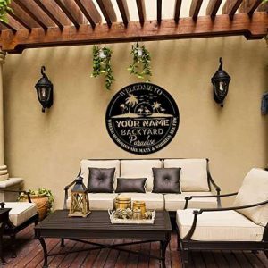 Personalized Backyard Sign Outdoor Decor Metal Sign For Backyard Patio Garden Flamingo Palm Trees Sign Housewarming Gifts