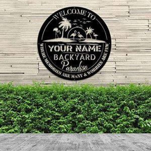 Personalized Backyard Sign Outdoor Decor Metal Sign For Backyard Patio Garden Flamingo Palm Trees Sign Housewarming Gifts 8