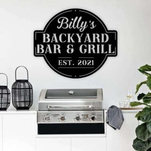 Personalized Bar And Grill Sign BBQ Sign Backyard Decor Outdoor Kitchen Metal Sign Home Decoration 1