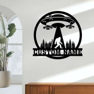 Personalized Bigfoot Alien UFO Under The Moon Camping Custom Metal Sign 1