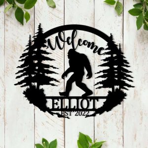 Personalized Bigfoot Sasquatch Forest Scene Cabin Lodge Welcome Custom Metal Sign 1