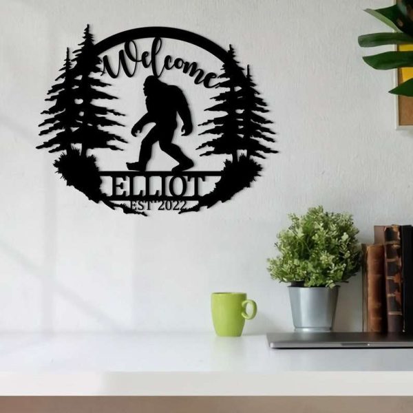 Personalized Bigfoot Sasquatch Forest Scene Cabin Lodge Welcome Custom Metal Sign