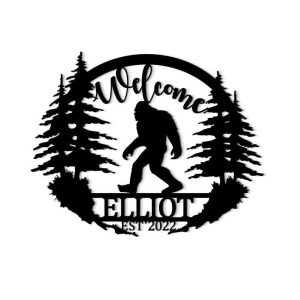 Personalized Bigfoot Sasquatch Forest Scene Cabin Lodge Welcome Custom Metal Sign 3