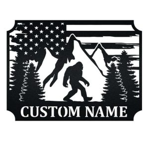 Personalized Bigfoot in the Forest Mountain View US Flag Custom Metal Sign