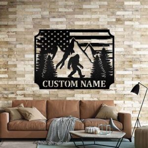 Personalized Bigfoot in the Forest Mountain View US Flag Custom Metal Sign