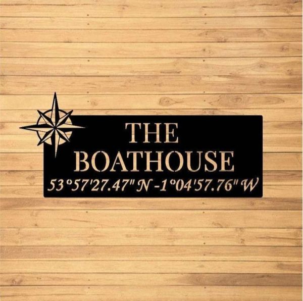 Personalized Boat House Sign Compass Riverside Lodge Coordinates Custom Metal Sign Housewarming Gifts