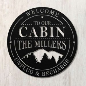 Personalized Cabin Lodge Sign with Mountain Scene Unplug and Recharge Custom Metal Sign 1