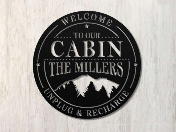 Personalized Cabin Lodge Sign with Mountain Scene Unplug and Recharge Custom Metal Sign