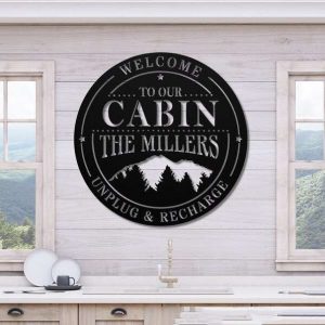 Personalized Cabin Lodge Sign with Mountain Scene Unplug and Recharge Custom Metal Sign