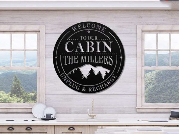 Personalized Cabin Lodge Sign with Mountain Scene Unplug and Recharge Custom Metal Sign