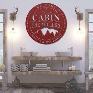 Personalized Cabin Lodge Sign with Mountain Scene Unplug and Recharge Custom Metal Sign 3