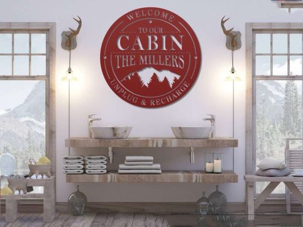 Personalized Cabin Lodge Sign with Mountain Scene Unplug and Recharge Custom Metal Sign