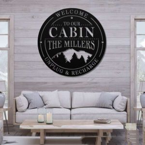 Personalized Cabin Lodge Sign with Mountain Scene Unplug and Recharge Custom Metal Sign 4