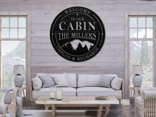 Personalized Cabin Lodge Sign with Mountain Scene Unplug and Recharge Custom Metal Sign