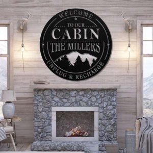 Personalized Cabin Lodge Sign with Mountain Scene Unplug and Recharge Custom Metal Sign 5