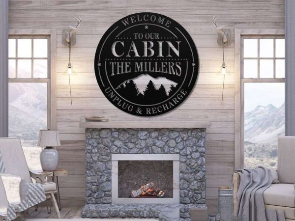 Personalized Cabin Lodge Sign with Mountain Scene Unplug and Recharge Custom Metal Sign