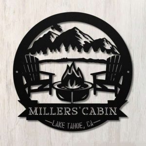 Personalized Cabin with Mountain Scene Camping Firepit Custom Metal Sign