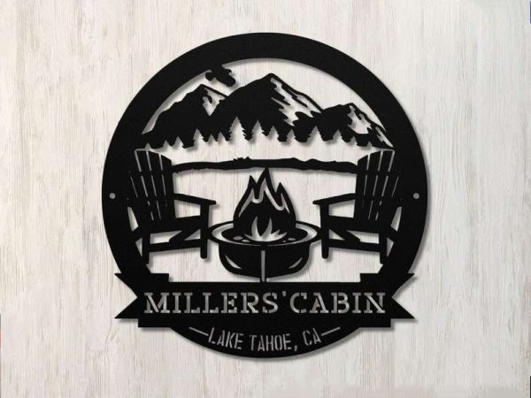 Personalized Cabin with Mountain Scene Camping Firepit Custom Metal Sign