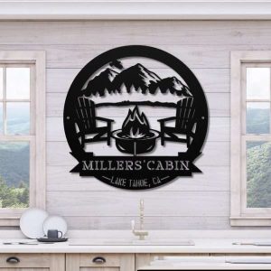 Personalized Cabin with Mountain Scene Camping Firepit Custom Metal Sign 2