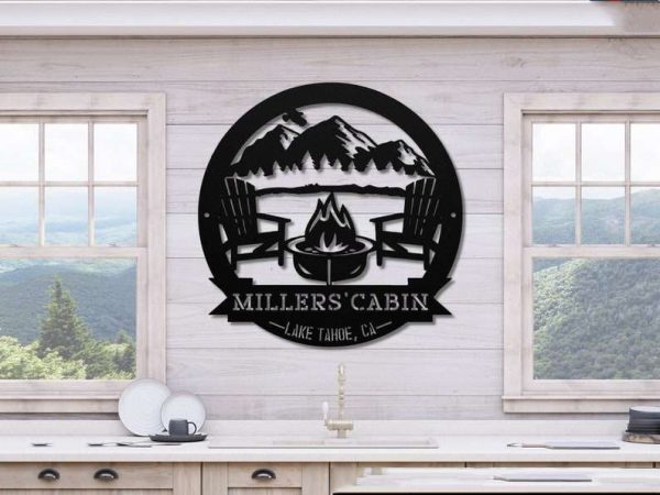 Personalized Cabin with Mountain Scene Camping Firepit Custom Metal Sign