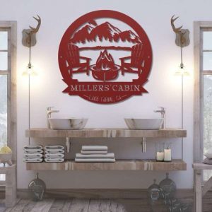 Personalized Cabin with Mountain Scene Camping Firepit Custom Metal Sign 3